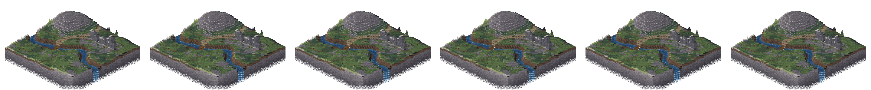 Diorama em pixel art: planalto com floresta, ruína de pedra e um rio que cai da borda em cachoeira